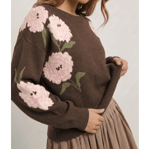 Karlynn Dark Brown Floral Print Drop Shoulder Relaxed Pullover Sweater
