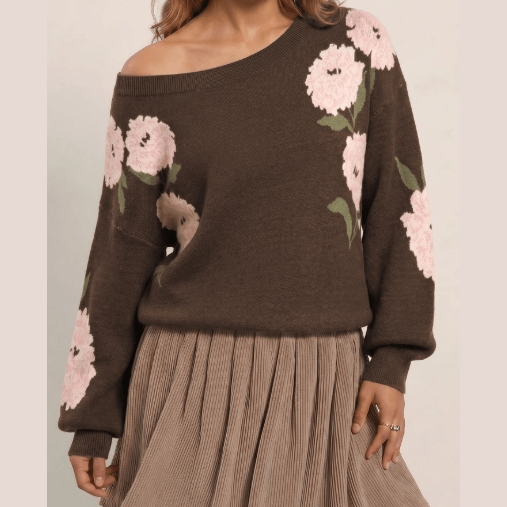Karlynn Dark Brown Floral Print Drop Shoulder Relaxed Pullover Sweater