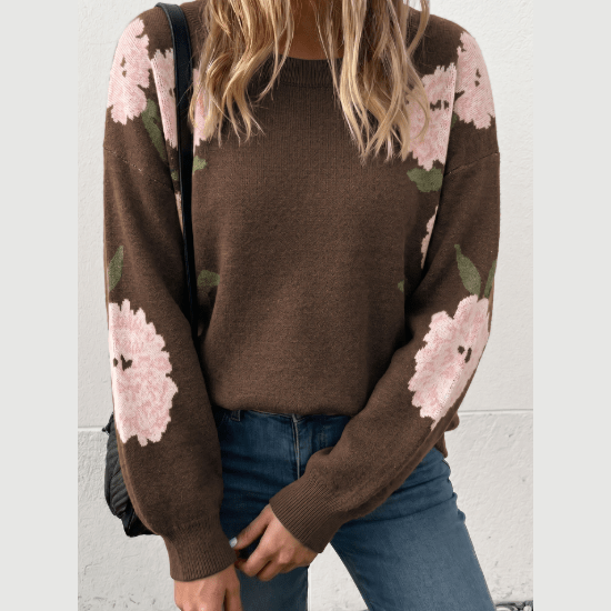 Karlynn Dark Brown Floral Print Drop Shoulder Relaxed Pullover Sweater