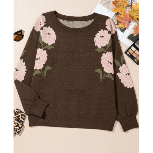 Karlynn Dark Brown Floral Print Drop Shoulder Relaxed Pullover Sweater