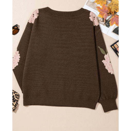 Karlynn Dark Brown Floral Print Drop Shoulder Relaxed Pullover Sweater