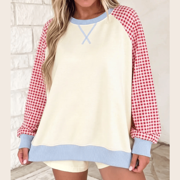 Hollie Mae Beige Plaid Sleeve Colorblock Raglan Pullover Sweatshirt
