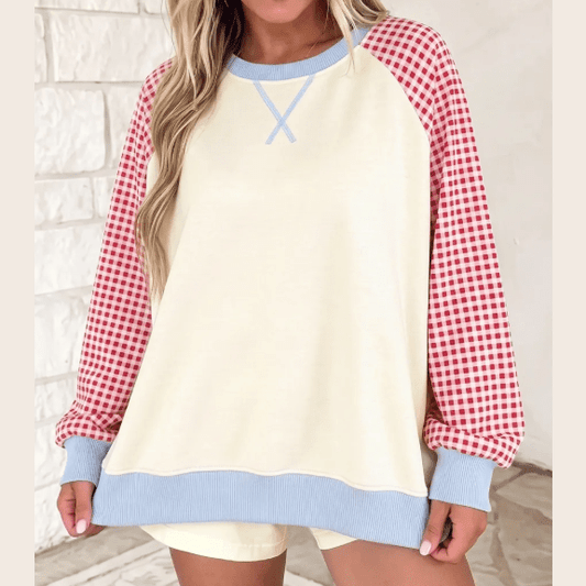 Hollie Mae Red Plaid Sleeve Colorblock Raglan Pullover Sweatshirt