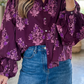 Angil Purple Floral Print Button Front Long Puff Sleeve Shirt