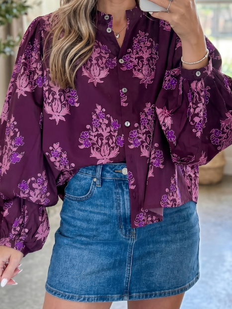 Angil Purple Floral Print Button Front Long Puff Sleeve Shirt