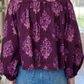 Angil Purple Floral Print Button Front Long Puff Sleeve Shirt