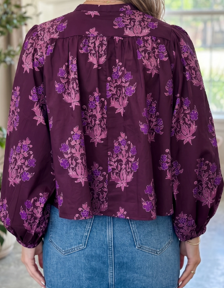 Angil Purple Floral Print Button Front Long Puff Sleeve Shirt