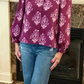 Angil Purple Floral Print Button Front Long Puff Sleeve Shirt