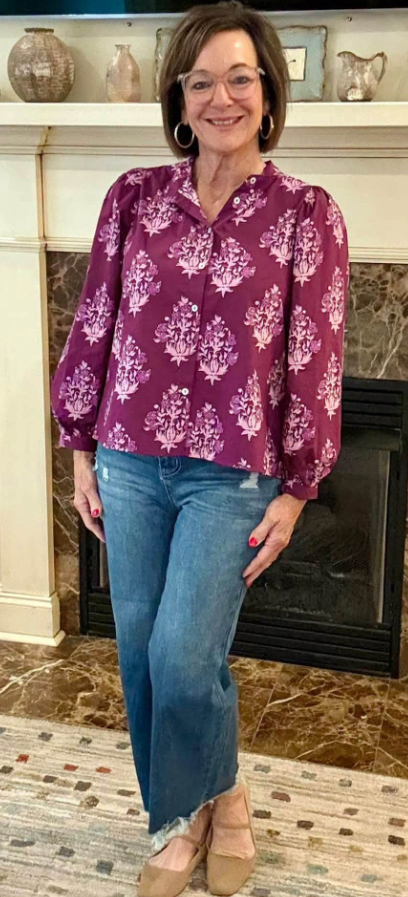 Angil Purple Floral Print Button Front Long Puff Sleeve Shirt