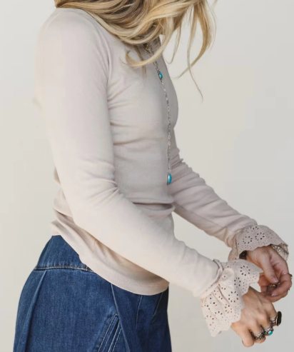 Calissa Lace Cuff Patchwork Round Neck Long Sleeve Top