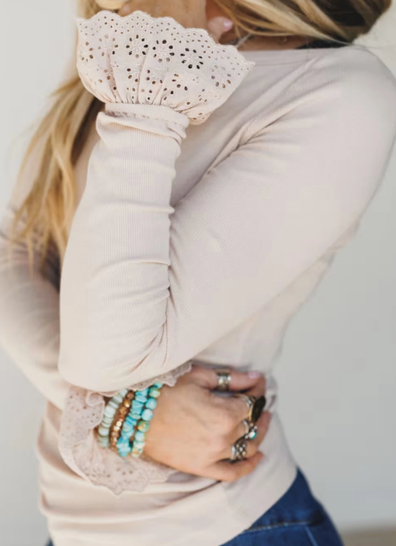 Calissa Lace Cuff Patchwork Round Neck Long Sleeve Top