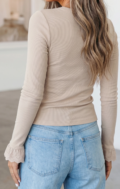 Calissa Lace Cuff Patchwork Round Neck Long Sleeve Top