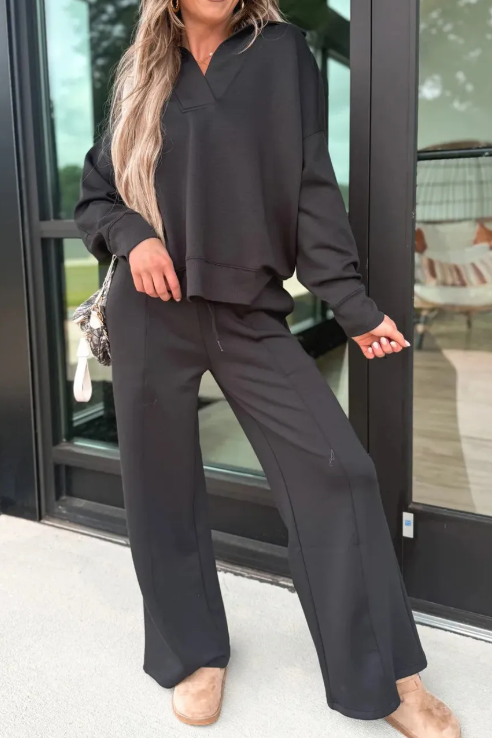 Laylin Black Collared V Neck Pullover Sweatshirt Sweatpants Set