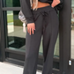 Laylin Black Collared V Neck Pullover Sweatshirt Sweatpants Set