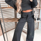 Laylin Black Collared V Neck Pullover Sweatshirt Sweatpants Set