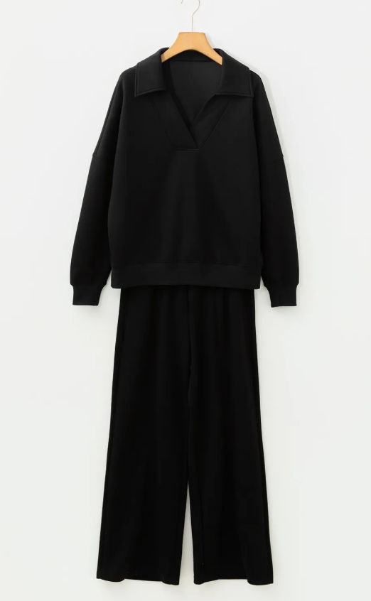 Laylin Black Collared V Neck Pullover Sweatshirt Sweatpants Set