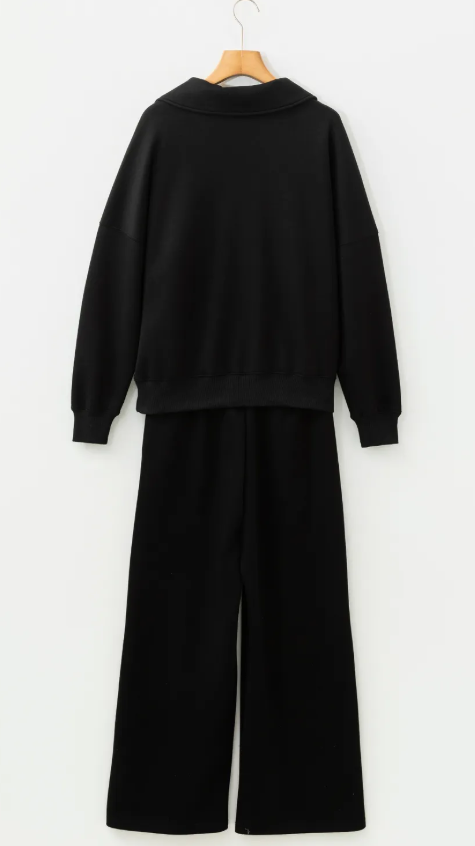 Laylin Black Collared V Neck Pullover Sweatshirt Sweatpants Set