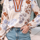 Ora Floral Print Colorblock V Neck Long Sleeve Blouse