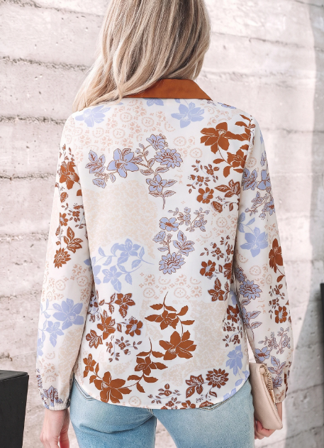Ora Floral Print Colorblock V Neck Long Sleeve Blouse