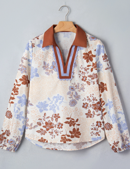 Ora Floral Print Colorblock V Neck Long Sleeve Blouse