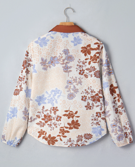 Ora Floral Print Colorblock V Neck Long Sleeve Blouse