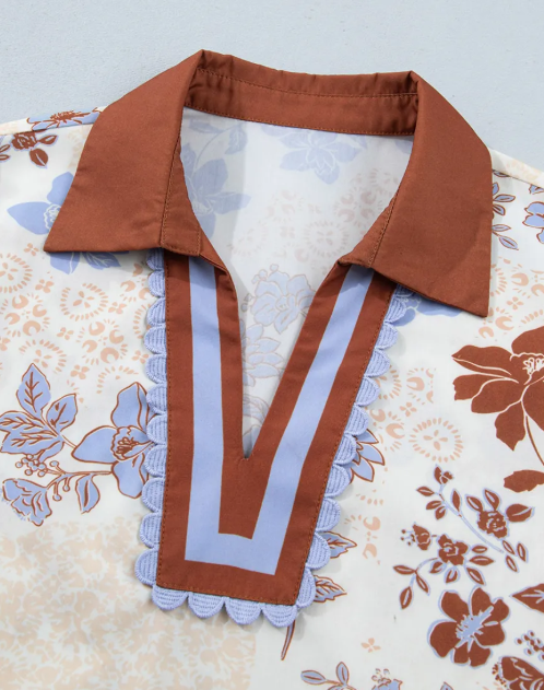Ora Floral Print Colorblock V Neck Long Sleeve Blouse