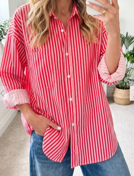 Rae Red Stripe Button-Up Shirt Long Sleeve Patch Pocket Casual Shirt