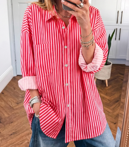 Rae Red Stripe Button-Up Shirt Long Sleeve Patch Pocket Casual Shirt