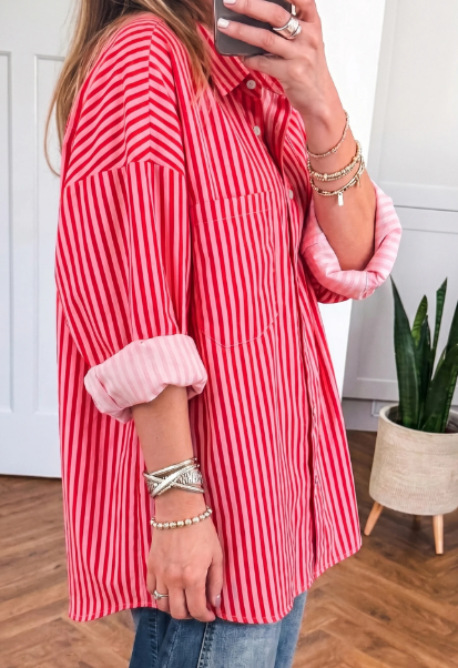 Rae Red Stripe Button-Up Shirt Long Sleeve Patch Pocket Casual Shirt