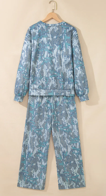 Naylah Grey Abstract Floral Print Loose Pullover Drawstring Pants 2pcs Set