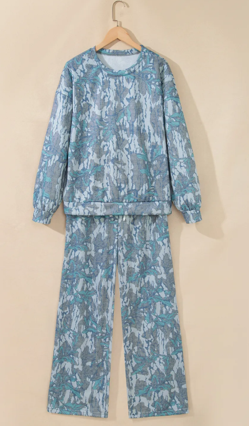 Naylah Grey Abstract Floral Print Loose Pullover Drawstring Pants 2pcs Set