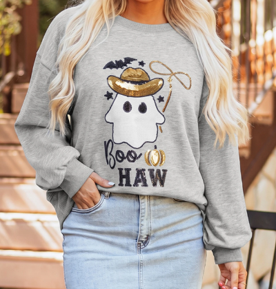 Boo Haw Sequin Western Ghost Print Long Sleeve Round Neck Sweatshirt