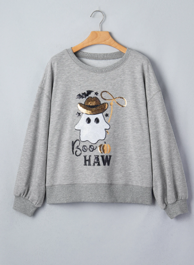 Boo Haw Sequin Western Ghost Print Long Sleeve Round Neck Sweatshirt