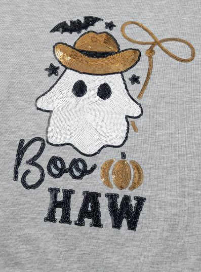 Boo Haw Sequin Western Ghost Print Long Sleeve Round Neck Sweatshirt