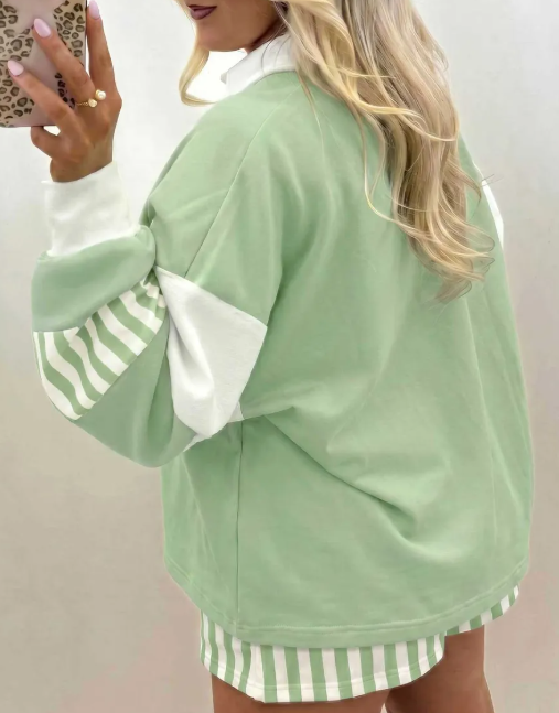 Cailey Green Striped Color Block Pullover Top Drawstring Shorts Set