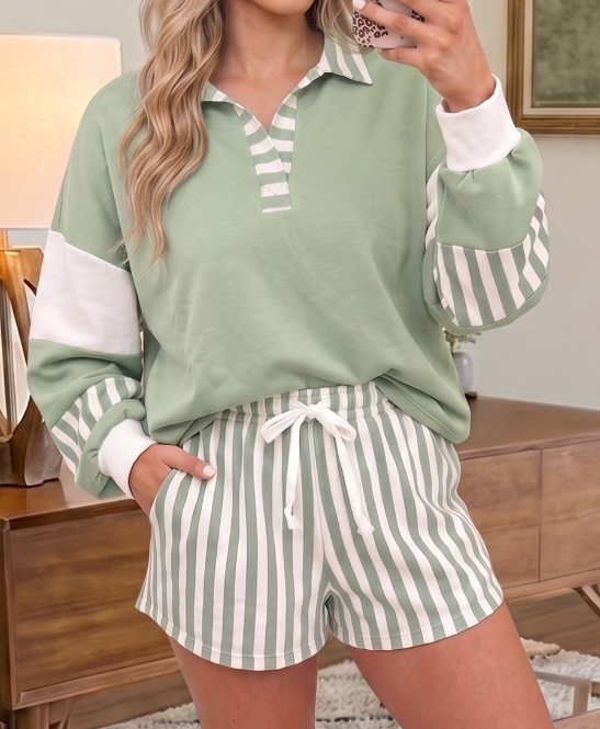 Cailey Green Striped Color Block Pullover Top Drawstring Shorts Set