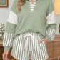 Cailey Green Striped Color Block Pullover Top Drawstring Shorts Set