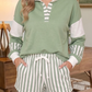 Cailey Green Striped Color Block Pullover Top Drawstring Shorts Set