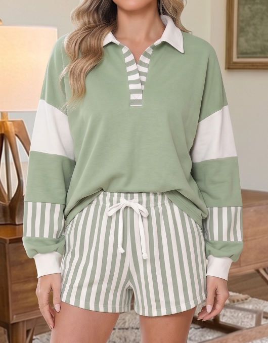 Cailey Green Striped Color Block Pullover Top Drawstring Shorts Set