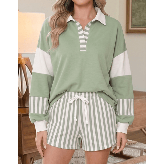 Cailey Green Striped Color Block Pullover Top Drawstring Shorts Set