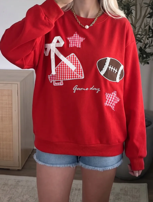 Artessa Red Gingham Patch Embroidered Rugby Game Day Stars Sweatshirt