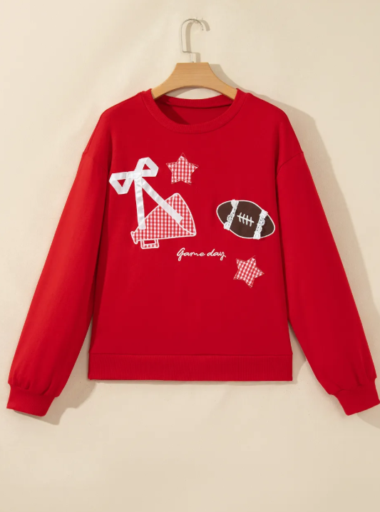Artessa Red Gingham Patch Embroidered Rugby Game Day Stars Sweatshirt
