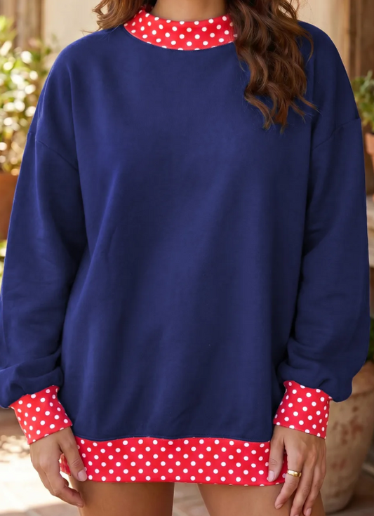 Phoebe Navy/Red Colorblock Polka Dot Contrast Trim Oversized Sweatshirt