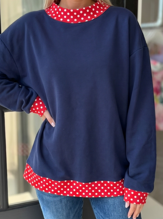 Phoebe Dirty Blue Colorblock Polka Dot Contrast Trim Oversized Sweatshirt
