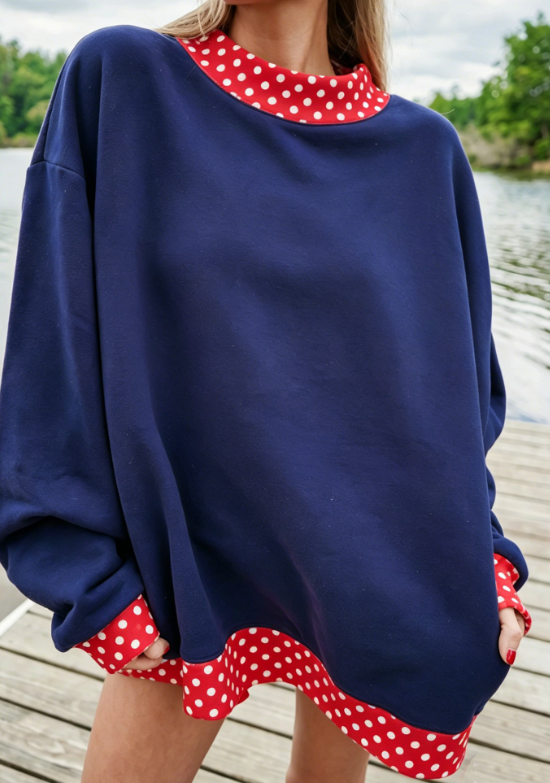 Phoebe Dirty Blue Colorblock Polka Dot Contrast Trim Oversized Sweatshirt