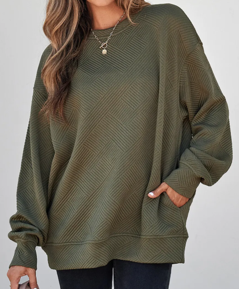Madisyn Jungle Green Textured Round Neck Drop Shoulder Pullover Sweatshirt