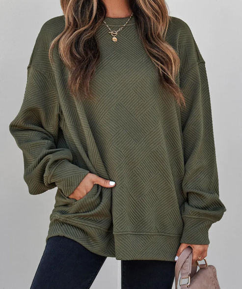 Madisyn Jungle Green Textured Round Neck Drop Shoulder Pullover Sweatshirt