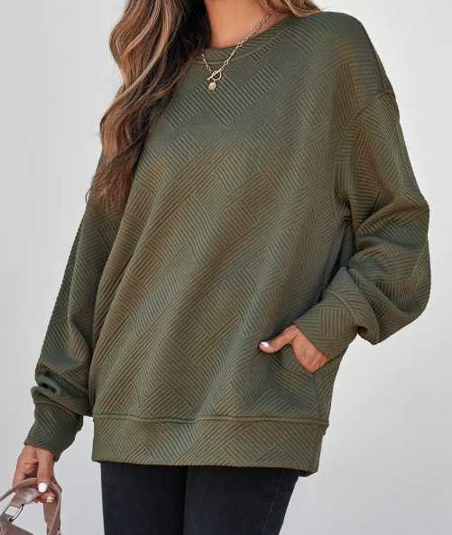 Madisyn Jungle Green Textured Round Neck Drop Shoulder Pullover Sweatshirt