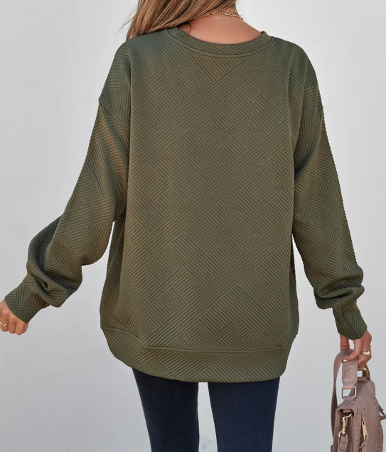 Madisyn Jungle Green Textured Round Neck Drop Shoulder Pullover Sweatshirt