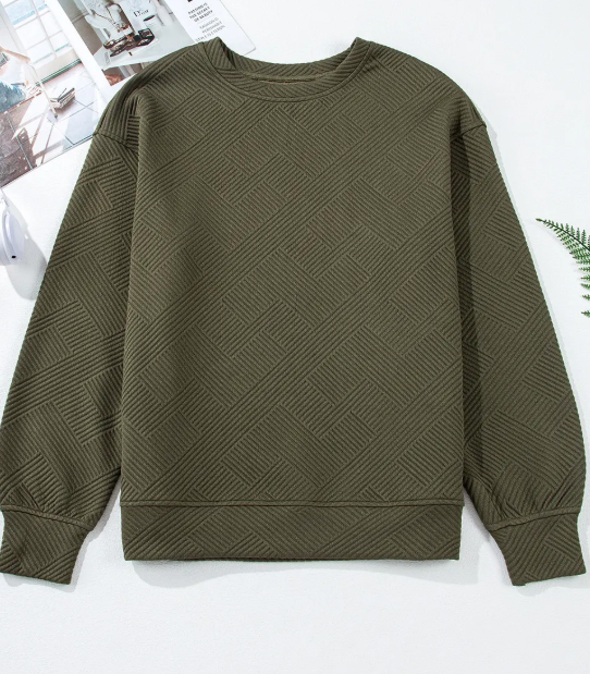 Madisyn Jungle Green Textured Round Neck Drop Shoulder Pullover Sweatshirt
